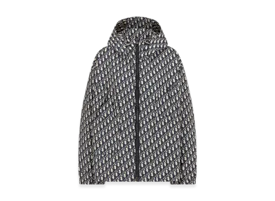 Dior Women's Waterproof Hooded Jacket Technical Taffeta Jacquard Oblique Motif "Blue"