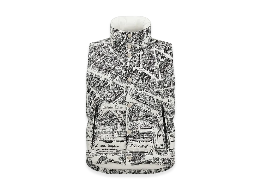 Dior Women's Dioralps Puffer Vest Quilted Technical Taffeta Plan Paris Motif "White/Black"