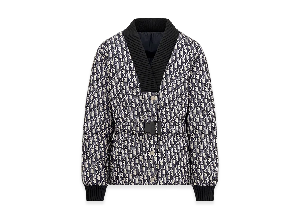 Dior Women's Dioralps Reversible Belted Jacket Quilted Technical Taffeta Jacquard Oblique Motif "Blue"