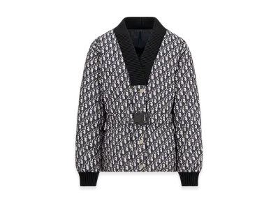 Dior Women's Dioralps Reversible Belted Jacket Quilted Technical Taffeta Jacquard Oblique Motif "Blue"
