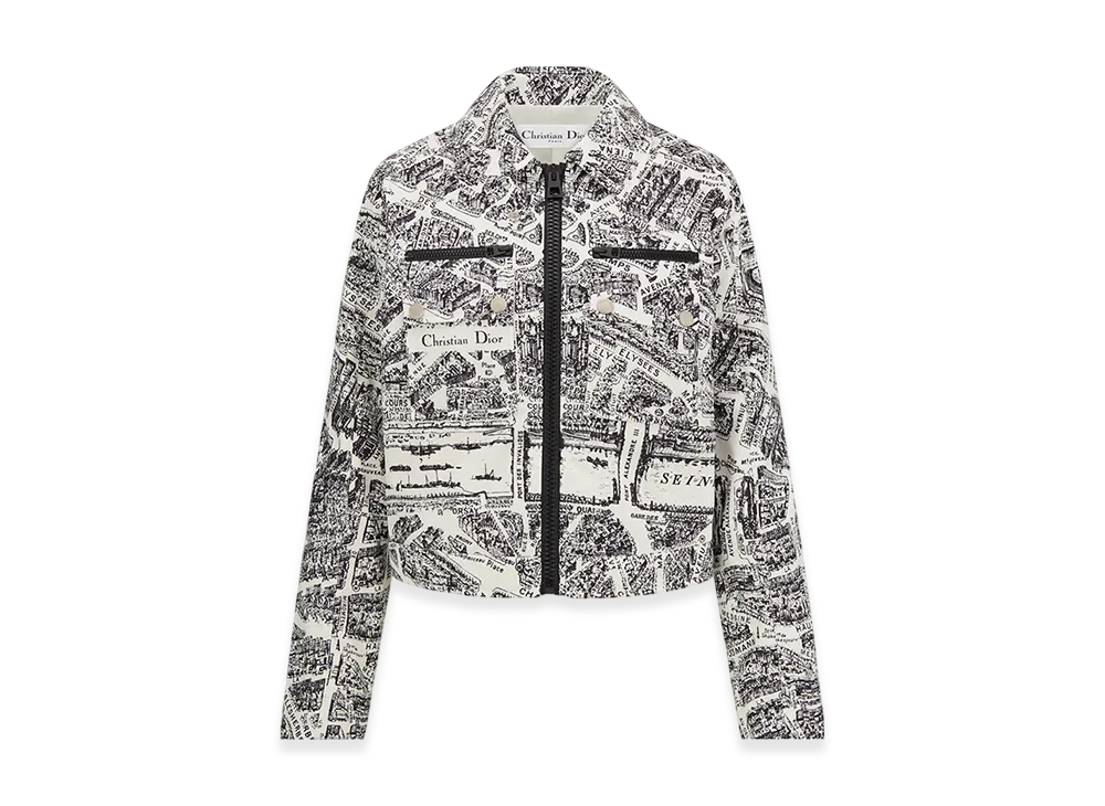 Dior Women's Dioralps Cropped Blouson Quilted Technical Taffeta Plan Paris Motif "White/Black"