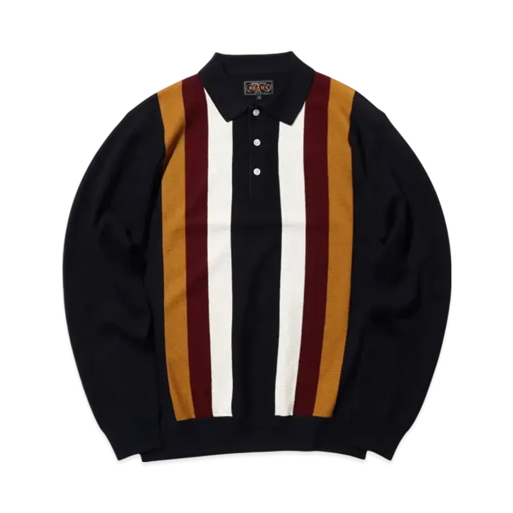 BEAMS Knit Polo Stripe "Navy"