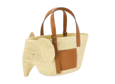 LOEWE Elephant Basket Bag In Raffia And Calfskin "Natural/Tan"