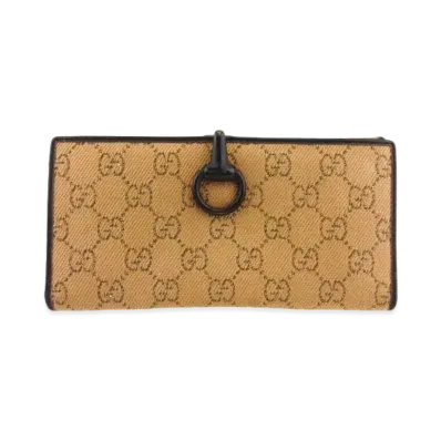 GUCCI W Hook Bifold Long Wallet Horsebit GG Canvas "Beige"