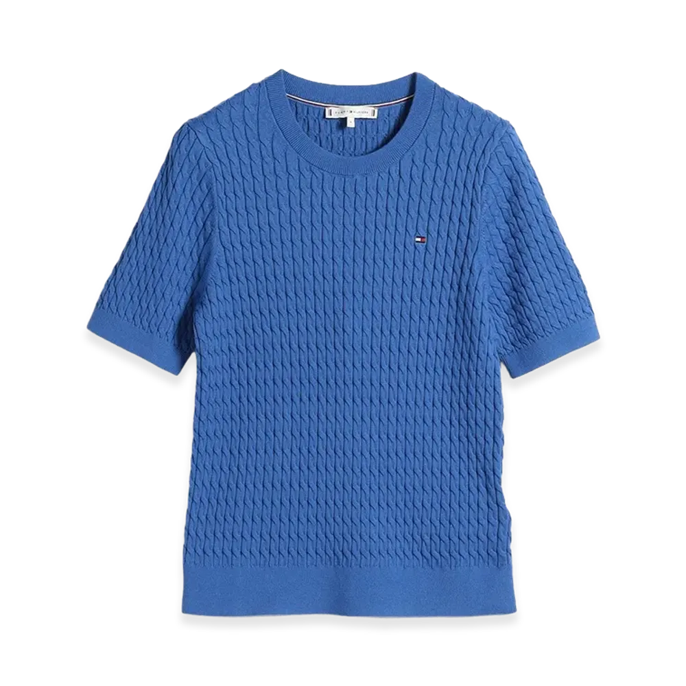 TOMMY HILFIGER Women's Cotton Cable Fine Gauge Crewneck S/S Sweater "Blue"