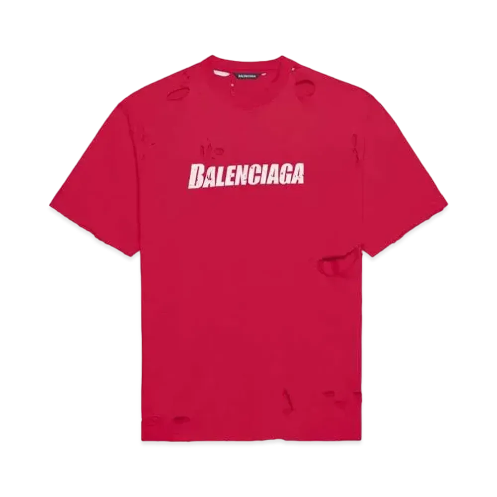 BALENCIAGA Caps Destroyed Flatground T-Shirt "Red"