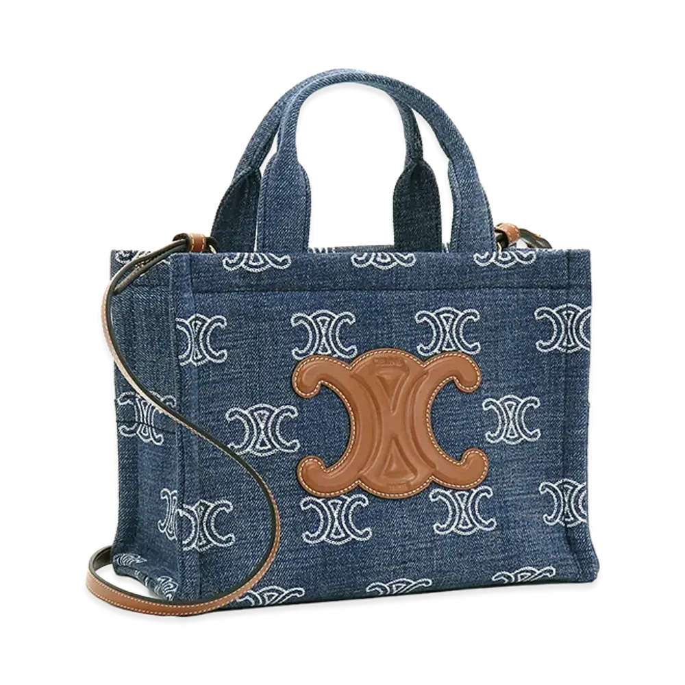 CELINE Women's Small Cabas Thais Tote Bag (with shoulder strap) "Navy/Tan"