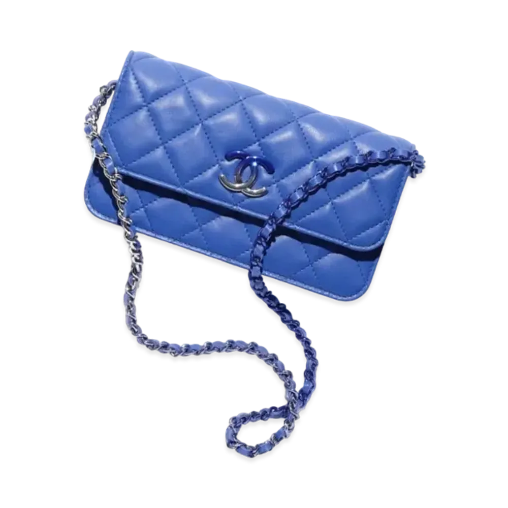 CHANEL Flap Phone Holder With Chain Lambskin & Gradient Lacquered Metal "Blue"