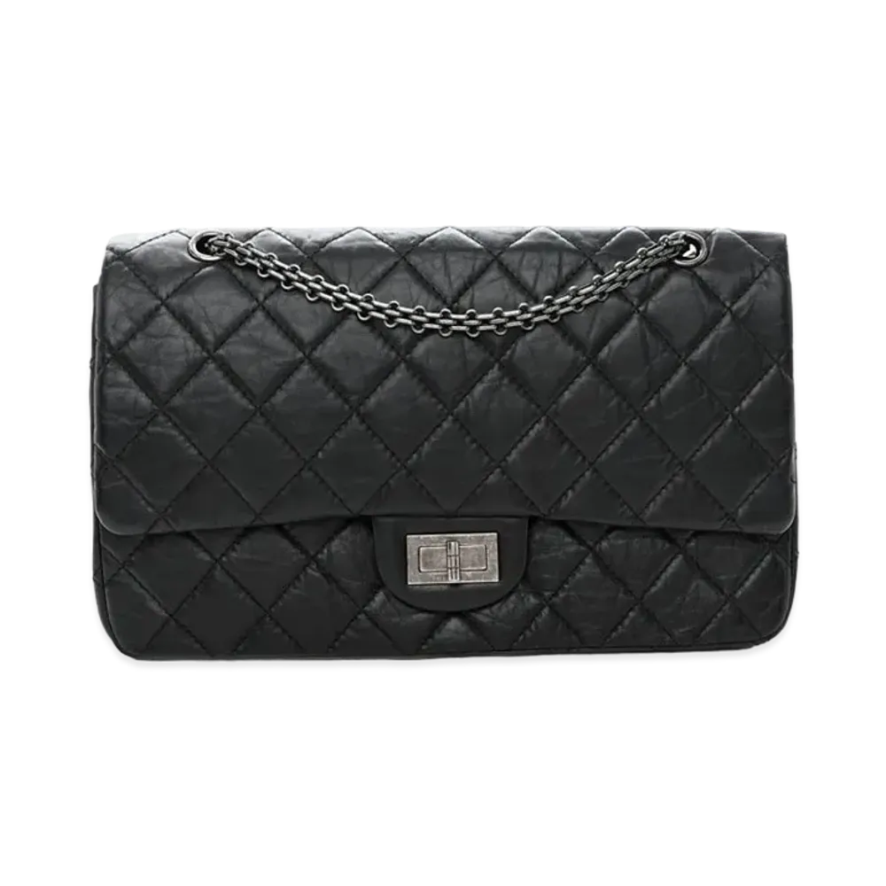 CHANEL 2.55 Chain Shoulder Aged Calfskin "Black/Silver"