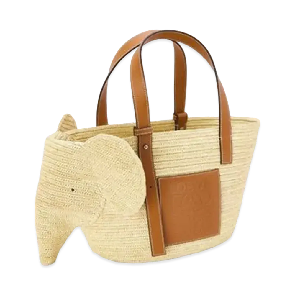 LOEWE Elephant Basket Bag In Raffia And Calfskin "Natural/Tan"