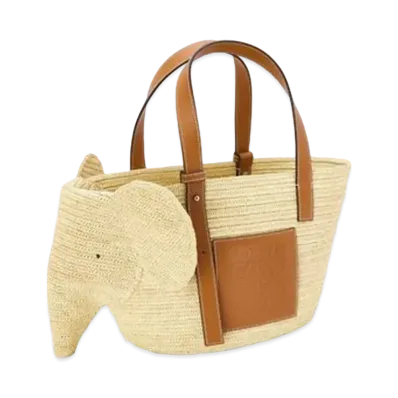 LOEWE Elephant Basket Bag In Raffia And Calfskin "Natural/Tan"