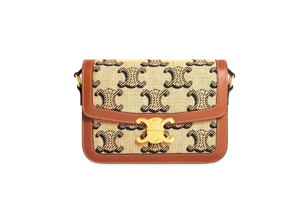 CELINE Medium Triomphe Bag In Raffia Jacquard Triomphe And Calfskin "Natural/Tan"