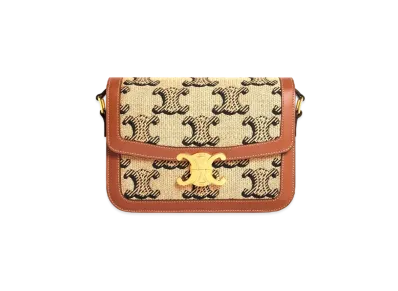 CELINE Medium Triomphe Bag In Raffia Jacquard Triomphe And Calfskin "Natural/Tan"
