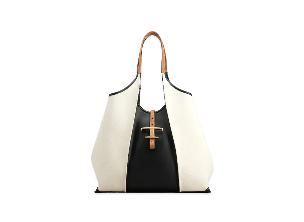 TOD'S Timeless Canvas & Leather Shopping Bag Medium "White/Black/Brown"