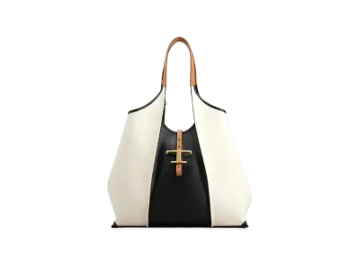 TOD'S Timeless Canvas & Leather Shopping Bag Medium "White/Black/Brown"
