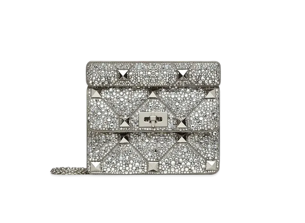 Valentino Roman Studs Sparkling Embroidery Medium Chain Shoulder Bag "Pearl Gray"