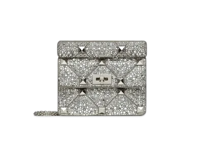 Valentino Roman Studs Sparkling Embroidery Medium Chain Shoulder Bag "Pearl Gray"