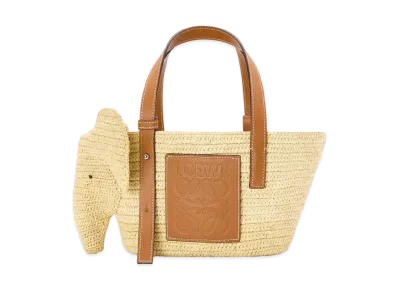 LOEWE Small Elephant Basket Bag In Raffia And Calfskin "Natural/Tan"