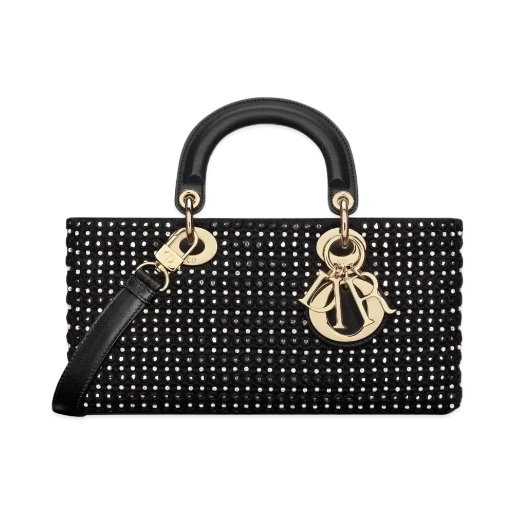 Dior Medium Lady D-Joy Bag Satin Embroidered Mirrors Beads Strass "Black"