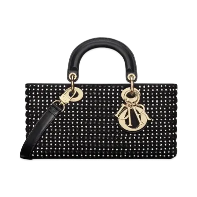 Dior Medium Lady D-Joy Bag Satin Embroidered Mirrors Beads Strass "Black"