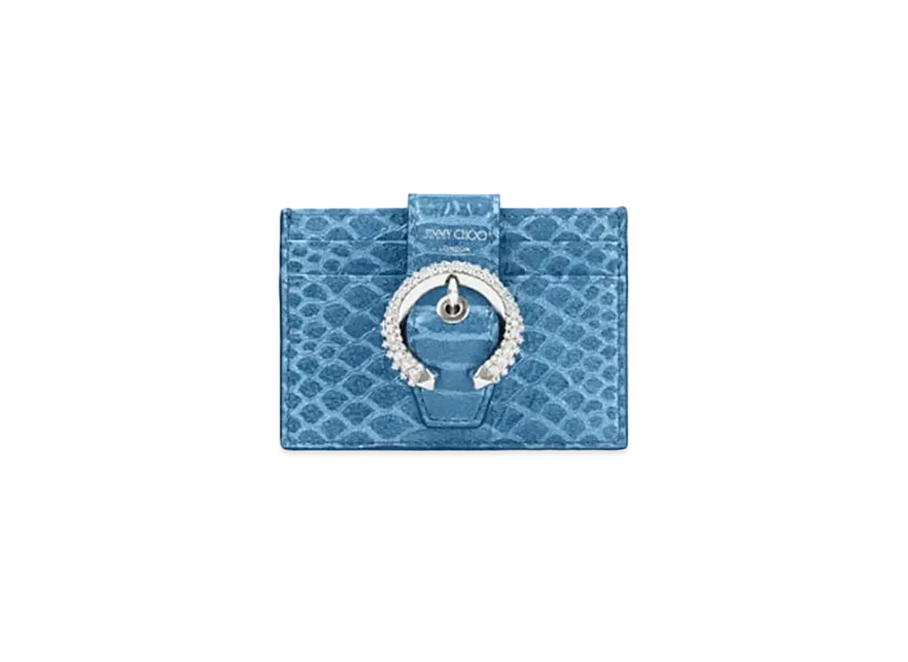 Jimmy Choo Umika Gel Snake Printed Leather Card Holder With Crystal Buckle "Butterfly Blue"