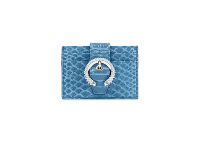 Jimmy Choo Umika Gel Snake Printed Leather Card Holder With Crystal Buckle "Butterfly Blue"