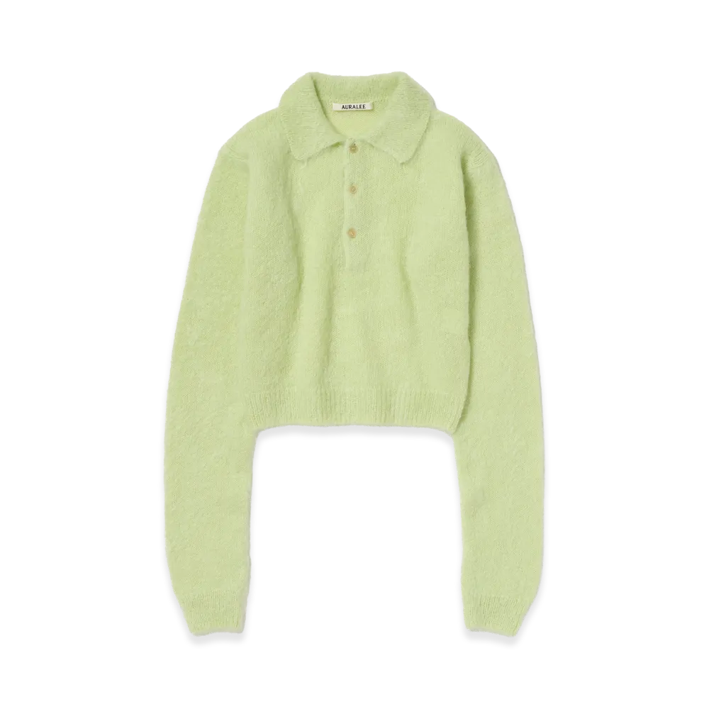 AURALEE Women's Brushed Super Kid Mohair Knit Polo "Light Lime"