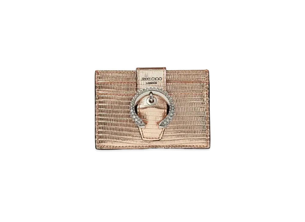 Jimmy Choo Umika Printed Metallic Lizard Card Case With Crystal Buckle "Gold"