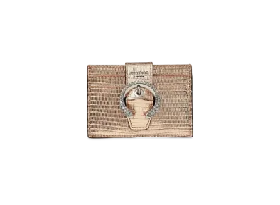 Jimmy Choo Umika Printed Metallic Lizard Card Case With Crystal Buckle "Gold"
