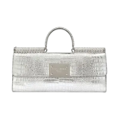Dolce&Gabbana Nine Tissy Bag Laminated Croco Print Calfskin Rhinestone "Silver"