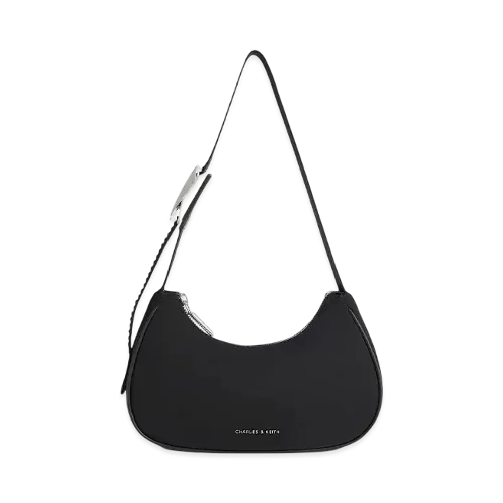 CHARLES & KEITH Nylon Curved Metallic Accent Shoulder Bag "Noir"