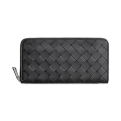 Bottega Veneta Intrecciato Zip Around Wallet "Black Grass"