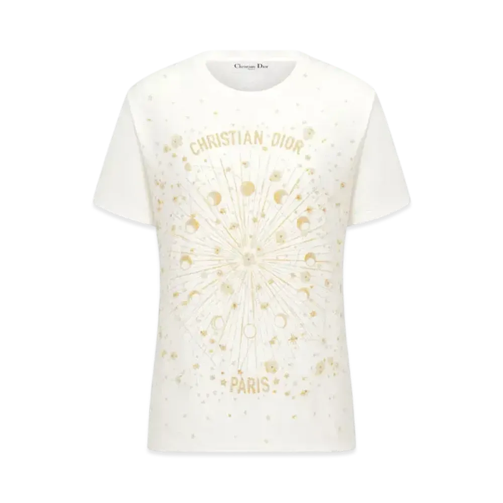Dior Embroidered T-Shirt Cotton Jersey with Dior Astral Motif "White/Gold"