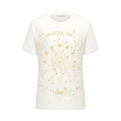 Dior Embroidered T-Shirt Cotton Jersey with Dior Astral Motif "White/Gold"