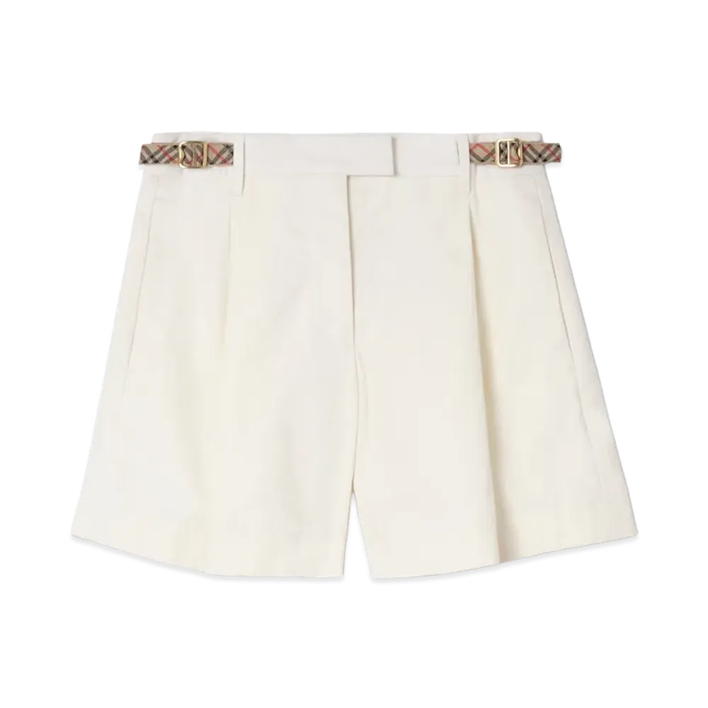 Burberry Women's Check Trim Cotton Poplin Shorts "Seashell White"