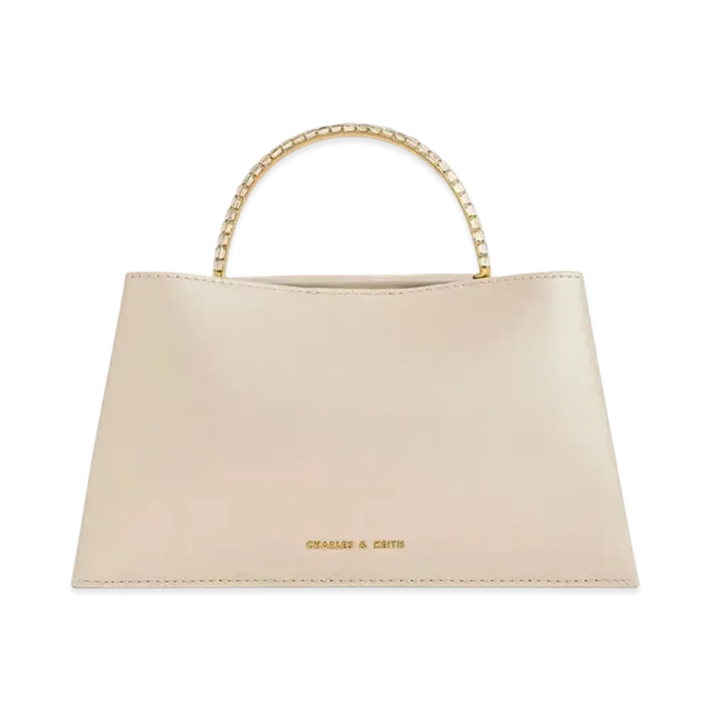 CHARLES & KEITH Allure Leather Gem Embellished Top Handle Bag "Cream"