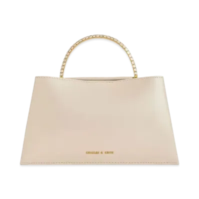 CHARLES & KEITH Allure Leather Gem Embellished Top Handle Bag "Cream"