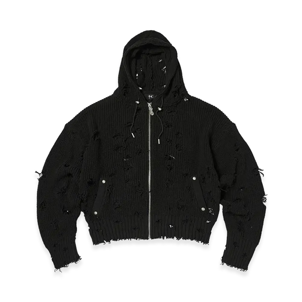 THUG CLUB TC Destroyed Knit Zip-Up Hoodie "Black"