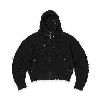 THUG CLUB TC Destroyed Knit Zip-Up Hoodie "Black"