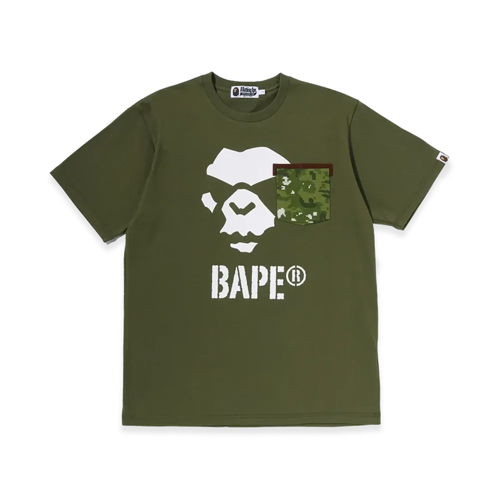A BATHING APE Multi Pixel Camo Mad Ape Face Pocket Tee "Olive"