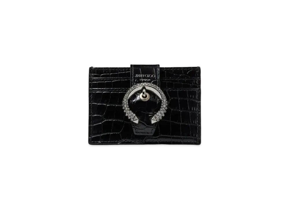 Jimmy Choo Umika Shiny Croc-Embossed Leather Wallet With Crystal Buckle "Black"