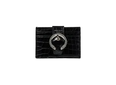 Jimmy Choo Umika Shiny Croc-Embossed Leather Wallet With Crystal Buckle "Black"