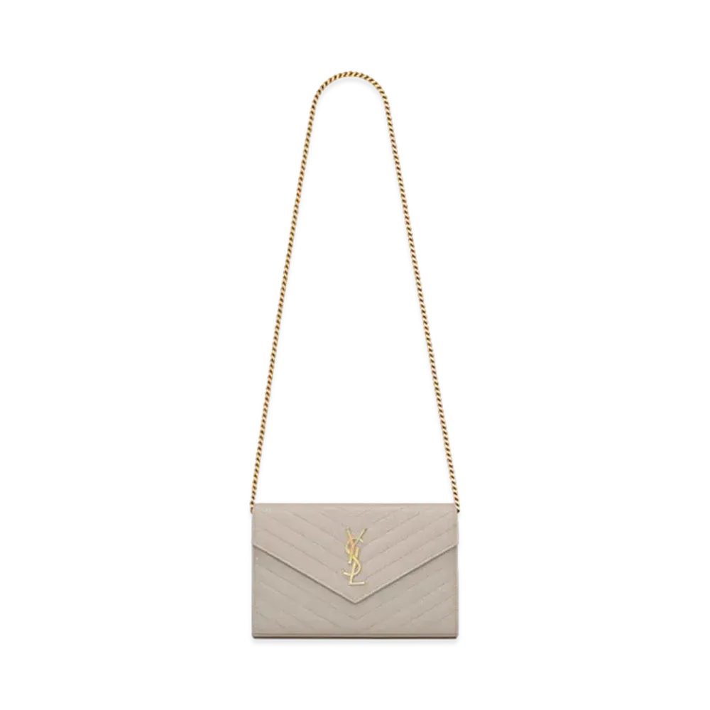 Saint Laurent Monogram Chain Wallet In Grain De Poudre Embossed Leather "Vintage White"