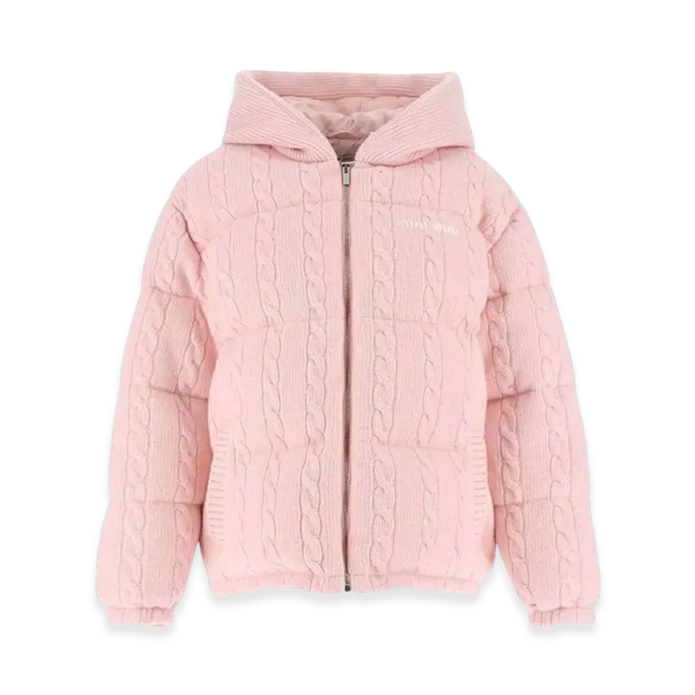 MIU MIU Women's Wool Cashmere Cable Hooded Padding "Petal Pink"