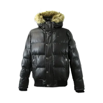 TOMMY HILFIGER Filled Pu Hoodie Jacket Us Model American Casual Eco Leather Men'S Outerwear Blouson "Black"