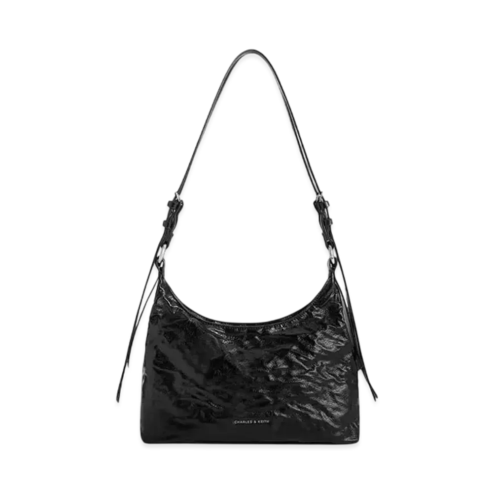 CHARLES & KEITH L'Arc Crinkle Effect Hobo Bag "Noir"