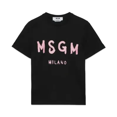 MSGM Black Jersey T-Shirt With Pink Brushstroke Logo "Black"