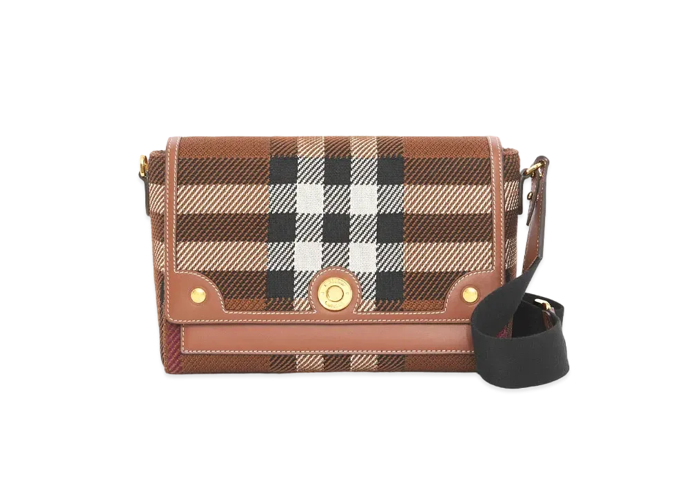 BURBERRY Knit Check & Leather Note Crossbody Bag "Dark Bachi Brown"