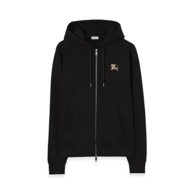 Burberry Check Knight Stamp Cotton Zip Hoodie "Black"