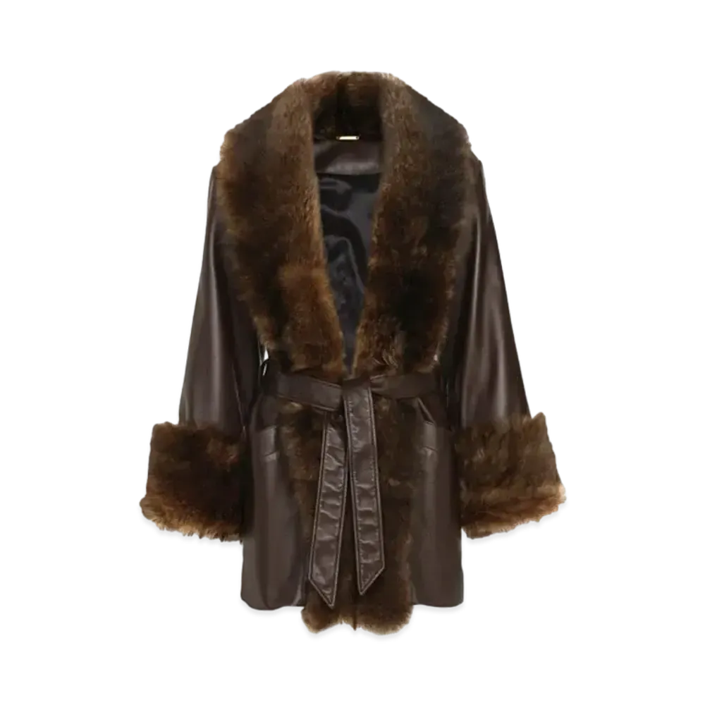 Chloe Belted Oversized Coat In Leather "Faraway Brown"